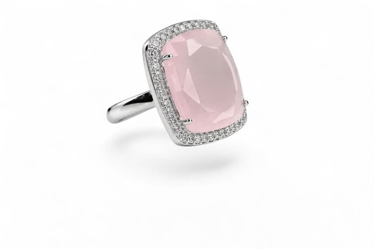 Bague 53 Rosalia Impériale - Bague en or blanc, quartz rose et diamants 58 Facettes fbr