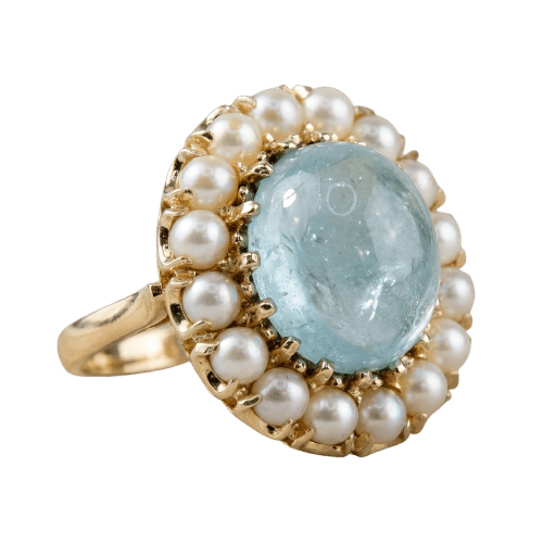 53.5 Bague vintage en or jaune 585 avec aigue-marine et perles 58 Facettes 1996