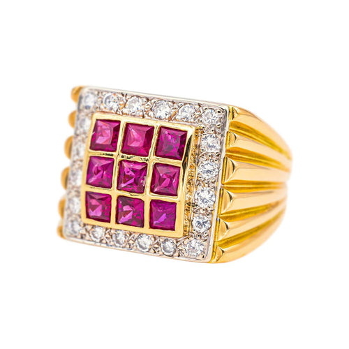 Bague 55 Bague chevalière en or jaune et blanc, rubis et diamants 58 Facettes 5560097CN