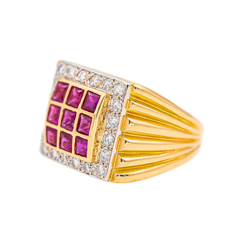 Bague 55 Bague chevalière en or jaune et blanc, rubis et diamants 58 Facettes 5560097CN