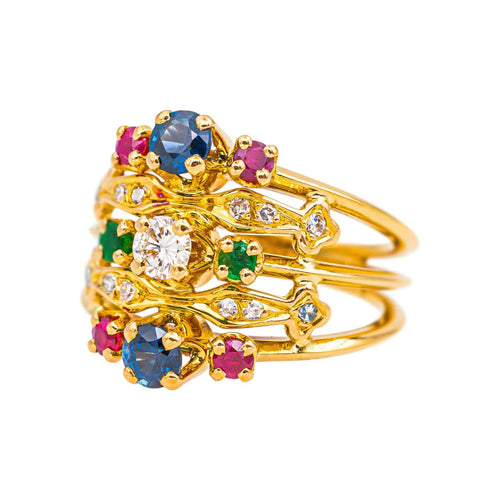 Bague 52 Bague en or jaune avec saphirs, rubis, émeraudes et diamants 58 Facettes 5568218RV