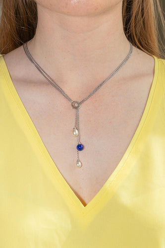 Collier Collier négligé en or blanc, perles et lapis-lazuli 58 Facettes 4870262CN