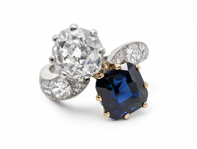 Bague 51 Toi et Moi - Bague ancienne en or 18 carats, saphir et diamants 58 Facettes Snc