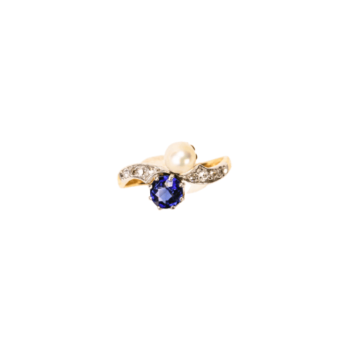 Bague 52 Bague Toi & Moi ancienne en platine, or jaune, perle et saphir 58 Facettes LMB-366
