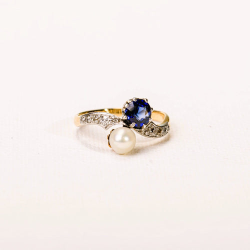 Bague 52 Bague Toi & Moi ancienne en platine, or jaune, perle et saphir 58 Facettes LMB-366