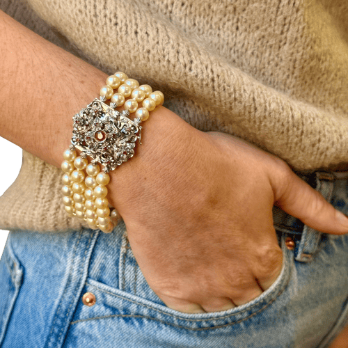 Bracelet Manchette de perles - Bracelet fermoir bijou en or gris 18K rubis 58 Facettes