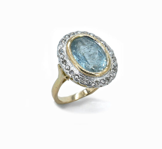 Bague 50 Bague entourage en or jaune 18 carats, aigue-marine et diamants 58 Facettes Bague 131-1