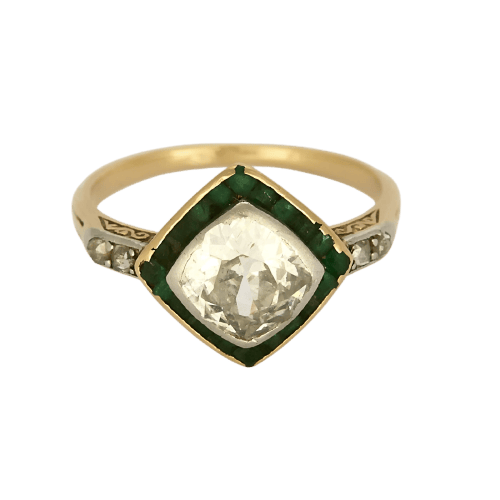 Bague 51 Bague Art déco en or jaune, platine, diamant :  1,50 carat et émeraudes 58 Facettes B260373