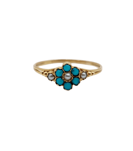 Bague 59 Bague marguerite antique en or 18k, turquoises et perles 58 Facettes A07504