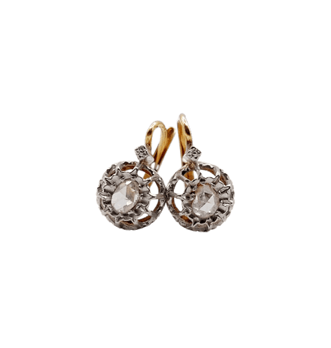 Boucles d'oreilles Dormeuses fleurs de lys en or 18k, platine et diamants taille rose 58 Facettes A07517