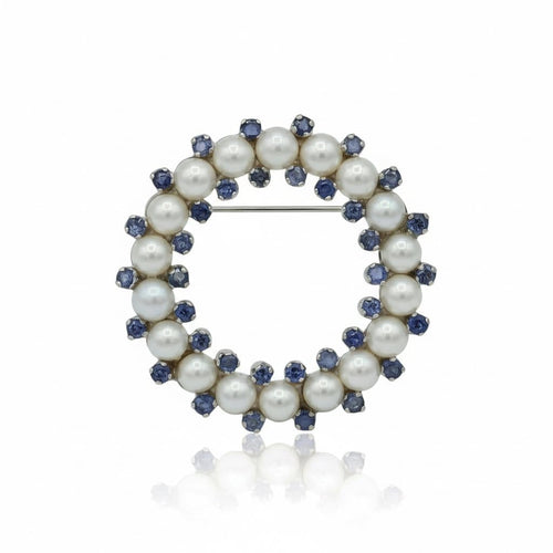Broche Broche ronde en or blanc, saphirs et perles de culture 58 Facettes 9070/19