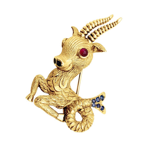 Boucles d'oreilles Capricorne - Broche-clip en or jaune, rubis et saphirs 58 Facettes 35785