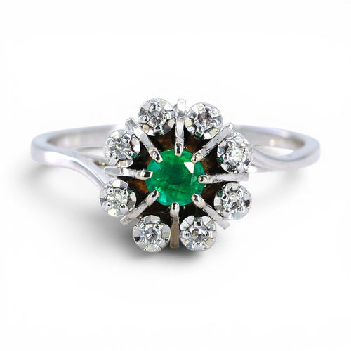 Bague 53 Bague marguerite en or blanc, émeraude et diamants 58 Facettes R007