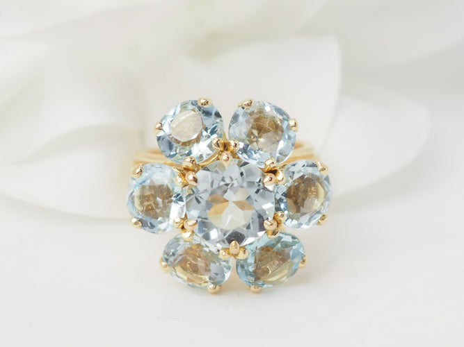 Bague 52 Bague fleur en or jaune et aigues-marines 58 Facettes 33558