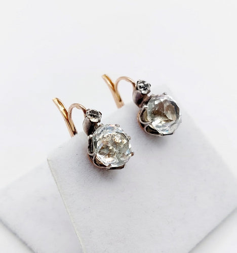 Boucles d'oreilles Dormeuses antiques en or rose 18k, argent et verres blancs 58 Facettes A07335