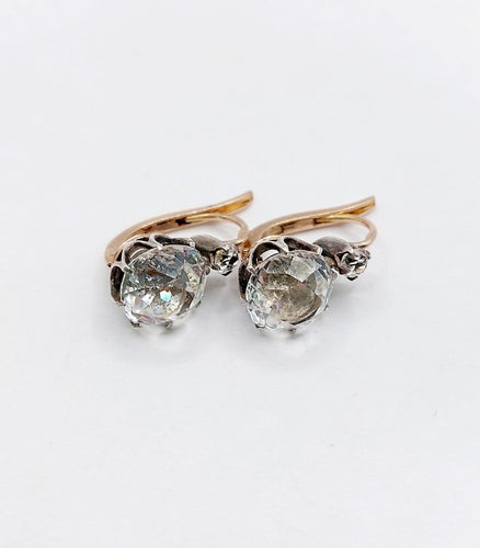 Boucles d'oreilles Dormeuses antiques en or rose 18k, argent et verres blancs 58 Facettes A07335