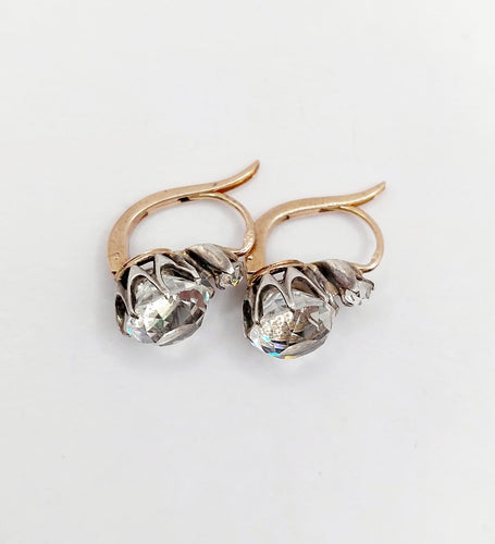 Boucles d'oreilles Dormeuses antiques en or rose 18k, argent et verres blancs 58 Facettes A07335