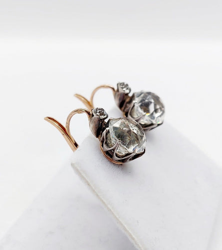 Boucles d'oreilles Dormeuses antiques en or rose 18k, argent et verres blancs 58 Facettes A07335