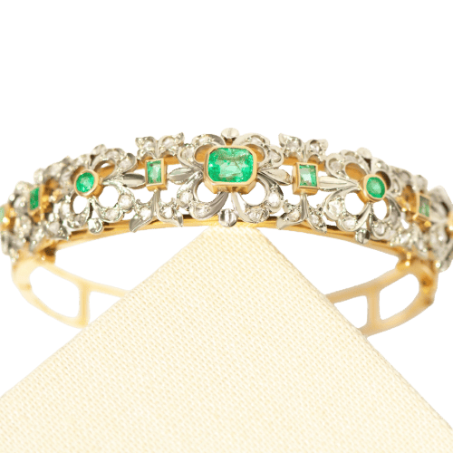 Art déco - Bracelet en or jaune 750, émeraudes et diamants taille rose