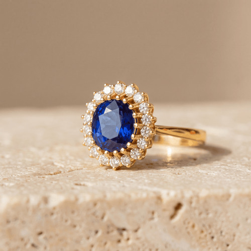 Bague 57 Bague entourage en or jaune 585 avec saphir et diamants 58 Facettes HJ062601
