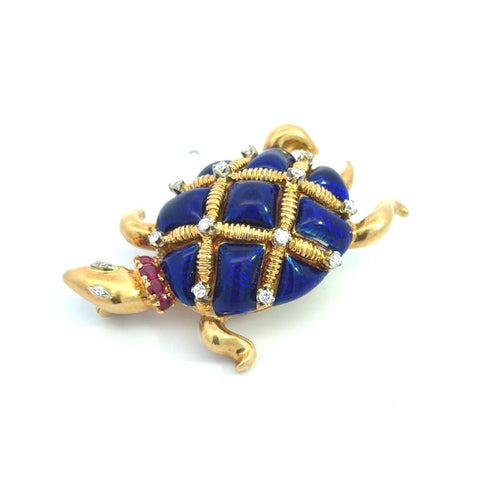 Broche Broche tortue en or 18 carats, émail, diamants et rubis 58 Facettes