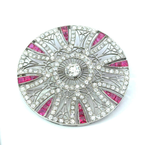 Broche Art déco - Broche ronde en platine, diamants et rubis 58 Facettes