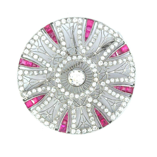Broche Art déco - Broche ronde en platine, diamants et rubis 58 Facettes