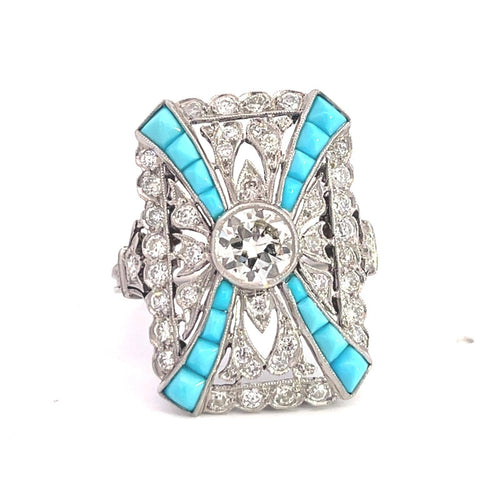 Bague 56 Style Art déco - Bague en platine avec diamants et turquoise 58 Facettes