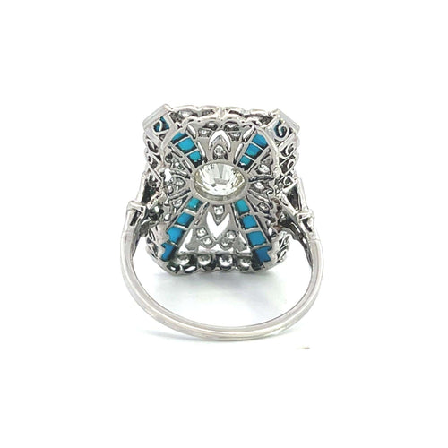 Bague 56 Style Art déco - Bague en platine avec diamants et turquoise 58 Facettes