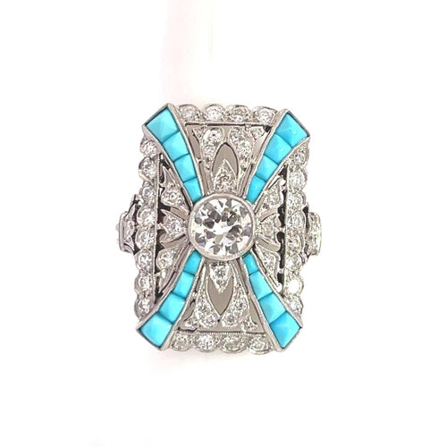 Bague 56 Style Art déco - Bague en platine avec diamants et turquoise 58 Facettes
