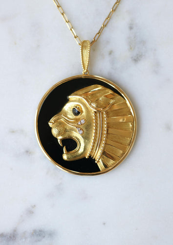 Pendentif Jean & Pierre Bellin - Pendentif Zodiaque Lion en or jaune, onyx et diamants 58 Facettes