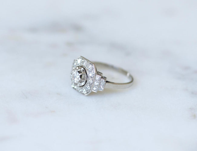 Bague 54.5 Art Déco - Bague octogonale en platine et diamants 58 Facettes