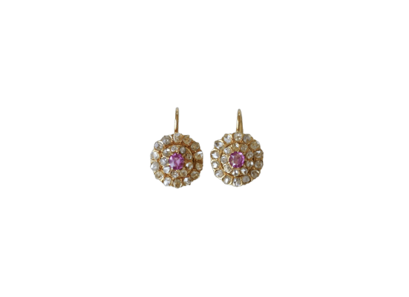 Boucles d'oreilles marguerite en or jaune, saphirs roses et diamants