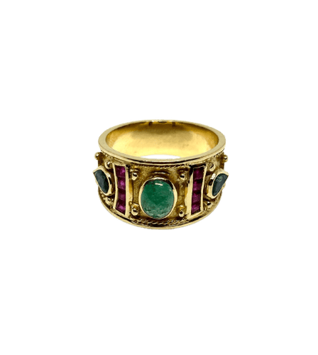 Bague 54.5 Bague byzantine en or jaune, émeraude, saphirs et rubis 58 Facettes Byz1