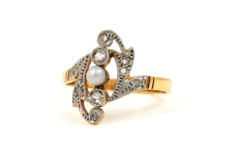 Bague 54 Bague Art nouveau en or jaune, perle et diamants taille rose 58 Facettes B883