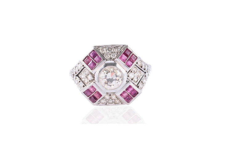 Bague 57 Art Déco - Bague en platine, diamants et rubis 58 Facettes 12392