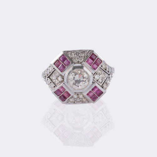 Bague 57 Art Déco - Bague en platine, diamants et rubis 58 Facettes 12392