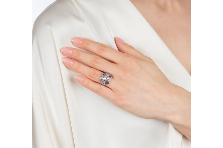 Bague 57 Art Déco - Bague en platine, diamants et rubis 58 Facettes 12392