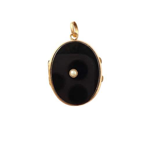 Pendentif médaillon porte-souvenir en or jaune, onyx et perle