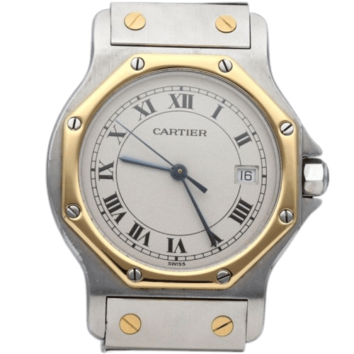 Cartier Santos - Montre ronde octogonale en or jaune 18K et acier