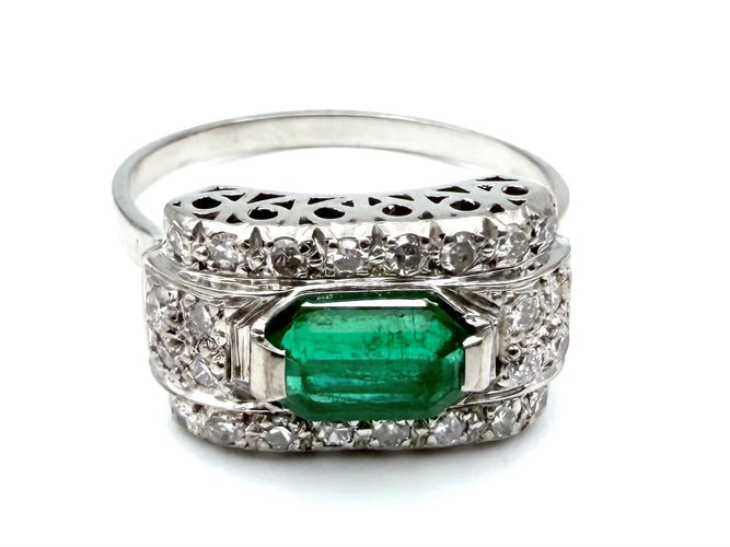 Bague 62 Bague Art déco en or blanc, platine, émeraude et diamants 58 Facettes VINTAGE BG