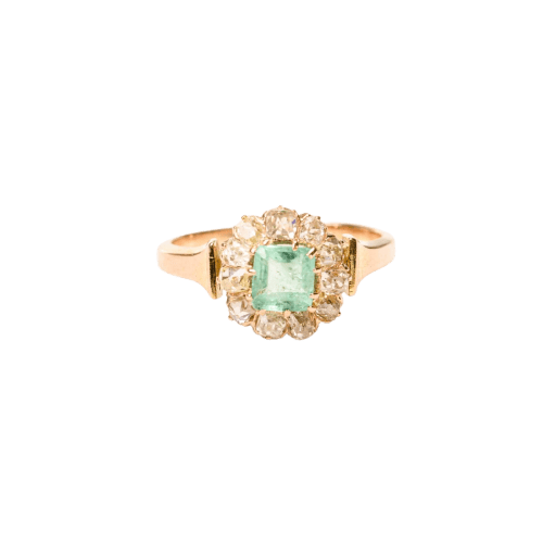 Bague 52 Bague marguerite ancienne en or rose, émeraude et diamants 58 Facettes LMB-357