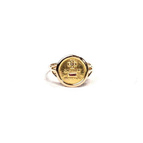 Bague 56 Augis - Bague chevalière en or jaune, diamant et rubis 58 Facettes LMB-371