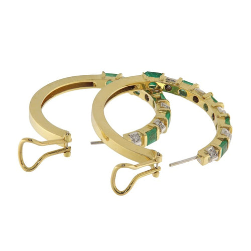 Boucles d'oreilles créoles en or jaune, émeraudes et diamants 58 Facettes G3986