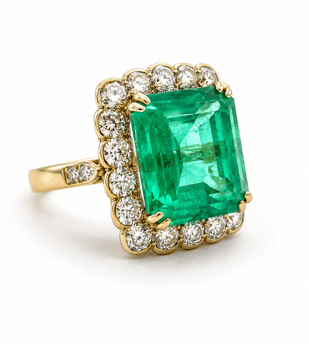 53 Bague ancienne en or jaune, émeraude et diamants 58 Facettes ba