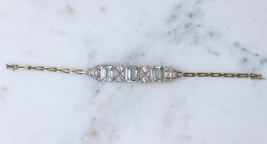Art déco - Bracelet en or blanc, aigues-marines et diamants 58 Facettes