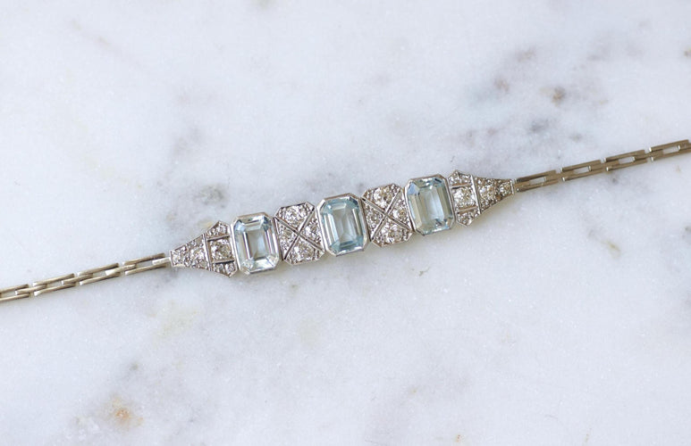 Art déco - Bracelet en or blanc, aigues-marines et diamants 58 Facettes