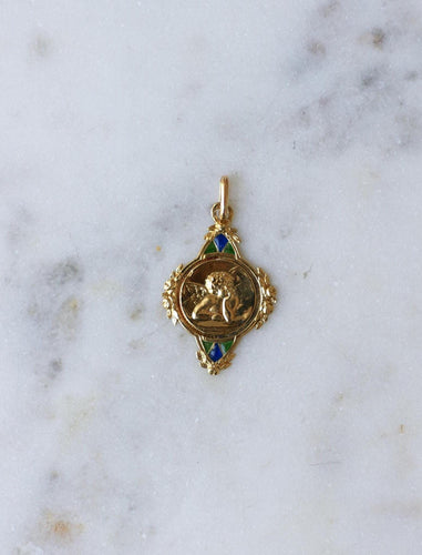 Art Nouveau - Médaille Ange Penseur en or jaune et émail 58 Facettes