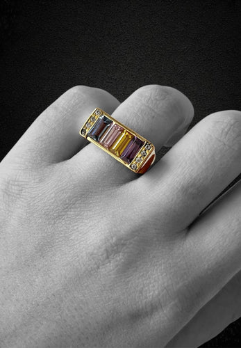 Bague 56 Premier - Bague pont en or jaune 18K et pierres multicolores 58 Facettes