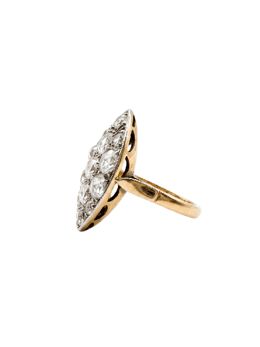 Bague marquise en or jaune 18K, platine et diamants